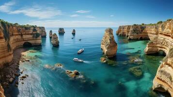 Navigating Natural Wonders. Aerial View of Arch Cliffs and Vibrant Beach Life. Generative AI photo