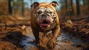 A bulldog covered in dirt, bravely walking on a path filled with mud. Generative AI photo