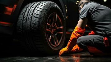 Car tire service and hands of mechanic holding new tyre on black background. Generative AI photo