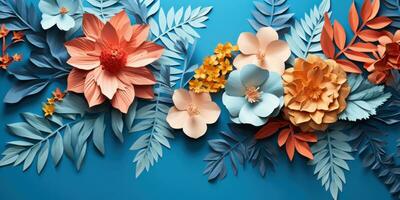 Colorful paper flowers and leaves. AI generative. photo