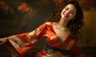 Cheerful Asian lady exuding happiness on a vibrant. AI generative. photo