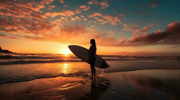 hermosa puesta de sol. silueta de hembra tablista participación tabla de surf mientras en pie en playa. generativo ai foto