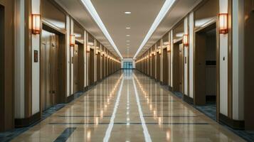 Serene Passage. Vacant Hotel Corridor with Modern LED Lighting. Generative AI photo