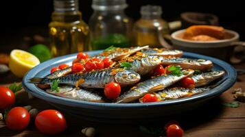 tradicional A la parrilla sardinas en portugués estilo. generativo ai foto