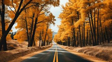 Fall's Embrace. A Serene Roadway Blanketed in Orange and Yellow Foliage. Generative AI photo