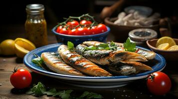 tradicional A la parrilla sardinas en portugués estilo. generativo ai foto