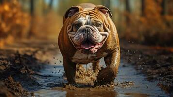 A bulldog covered in dirt, bravely walking on a path filled with mud. Muddy Adventure of a Brave Bulldog. Generative AI photo