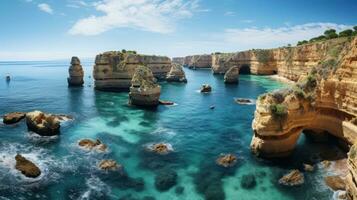 Navigating Natural Wonders. Aerial View of Arch Cliffs and Vibrant Beach Life. Generative AI photo