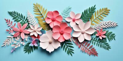 Colorful paper tropical blooms. AI generative. photo