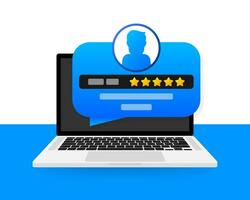 Customer review with gold star icon in laptop screen. Vector illustration