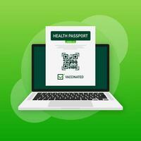 salud pasaporte qr código en lineal estilo en verde antecedentes. coronavirus vacunación. vacuna certificado tarjeta vector