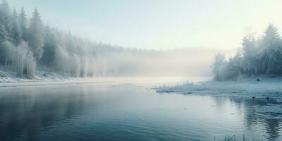 Generative AI, Winter aesthetic landscape panorama, muted neutral colors, forest and mountains. photo