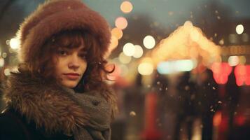 generativo ai, hermosa joven mujer en el Navidad justo, borroso fondo, invierno calle mercado en Europa. foto