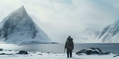 Generative AI, backpacker in winter landscape, traveler man tourist with backpack hiking in mountains photo