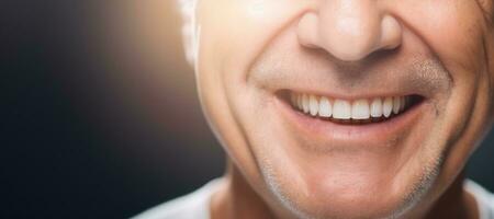 Generative AI, senior man mouth or teeth smiling, hygiene or dental cleaning cosmetic service photo