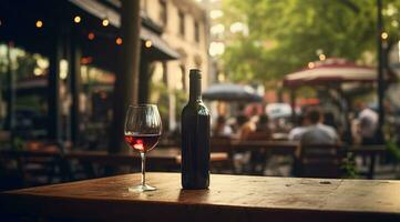 Generative AI, glass of wine and bottle on wooden table with blur background with lights of street bar, cafe, coffee shop or restaurant, wine mock up photo