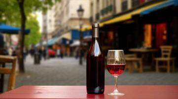 Generative AI, glass of wine and bottle on wooden table with blur background with lights of street bar, cafe, coffee shop or restaurant, wine mock up photo