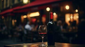 Generative AI, glass of wine and bottle on wooden table with blur background with lights of street bar, cafe, coffee shop or restaurant, wine mock up photo