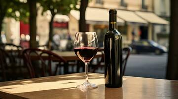 Generative AI, glass of wine and bottle on wooden table with blur background with lights of street bar, cafe, coffee shop or restaurant, wine mock up photo