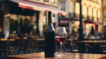 Generative AI, glass of wine and bottle on wooden table with blur background with lights of street bar, cafe, coffee shop or restaurant, wine mock up photo