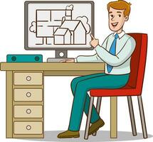 Rear view of cartoon man architect working on construction project vector illustration