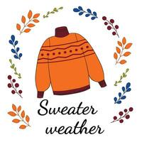 Autumn card. Sweater Weather lettering with Sweater surrounded by falling leaves. Vector illustration isolated on white background