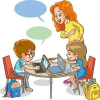 vector illustration of happy cute kids boy and girl working on the computer at the table