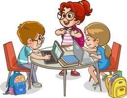 vector illustration of happy cute kids boy and girl working on the computer at the table