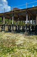 Melia Zanzibar pier on low tide. Bottom view. Blue sky photo