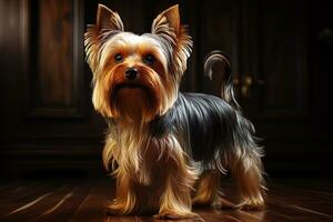 cute Yorkshire Terrier puppy, close-up portrait, against a wooden wall, Ai art photo