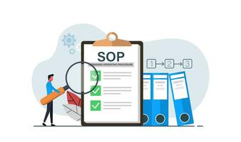 Standard Operating Procedure or SOP, employee is checking written instructions step by step compiled by organization to perform routine activity properly vector