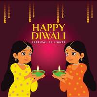 Happy Diwali Greetings, Girls with Diya lamp, Deepavali Festival of lights vector