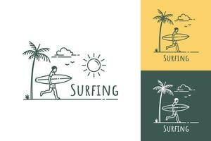 Simple illustration of surfer running with surfboard on tropical beach with text surfing vector