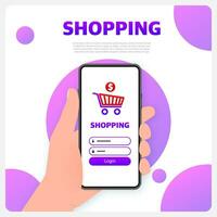 3d shopping online for web promotion design. Web banner. Digital computer technology isometric background concept vector