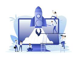 Poster with rocket people. Startup company launch concept, flat tiny person vector illustration