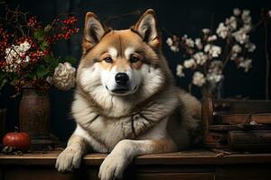 portrait of an American akita on a dark background, natural light, studio background, close up, cropped photo. Ai art photo