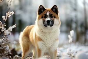 portrait of an American dog akita on the background of a winter forest, natural lighting, outdoors, warm filter, ai art photo