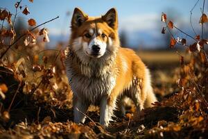 portrait of a red American akita dog on autumn foliage, natural light, outdoors, warm filter, ai art photo