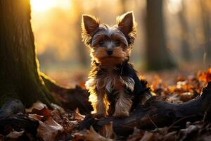 Yorkshire terrier puppy. close-up portrait, against the background of nature. Ai art photo