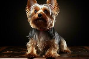 Yorkshire terrier puppy. close-up portrait, against the background of nature. Ai art photo