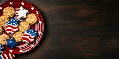 plano laico para Estados Unidos independencia día. plato de galletas con americano bandera. linda símbolo de America, fiesta a hogar, hecho en casa galletas. ai generado foto