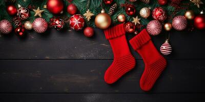 flat lay with a Christmas garland of fir branches, Christmas balls and knitted socks with space for text. cozy background for Christmas and New Year holidays. AI generated photo