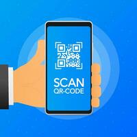 Hand holds phone with scan qr code on screen. Phone on blue background. Vector illustration.