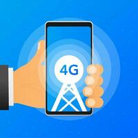 Hand holds phone with a tower that shows the available 4G mobile network on blue background. Vector illustration.