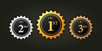 Three rewards winner silver, gold and bronze rubber badge with red ribbon on white background. Realistic object. Vector illustration.