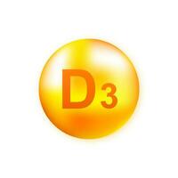 Vitamin D3 with realistic drop on gray background. Particles of vitamins in the middle. Vector illustration.