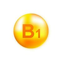 Vitamin B1 with realistic drop on gray background. Particles of vitamins in the middle. Vector illustration.