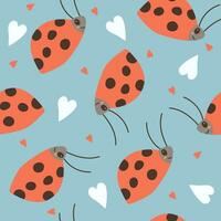 Seamless repeat pattern with cute hand-drawn ladybugs. Vector hand drawn cartoon kawaii character illustration icon.