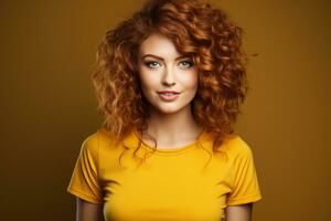 Attractive young ginger woman in yellow shirt on yellow background, created with generative AI photo