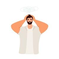 Sad anxious man, bad news. Negative emotion, headache, mental health, fear Flat vector illustration isolated on white background.